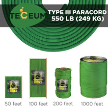 Load image into Gallery viewer, TECEUM Paracord Type III 550 Army Green – 100 ft – 4mm – Tactical Rope MIL-SPEC
