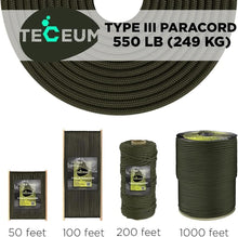 Load image into Gallery viewer, TECEUM Paracord Type III 550 Army Green – 100 ft – 4mm – Tactical Rope MIL-SPEC
