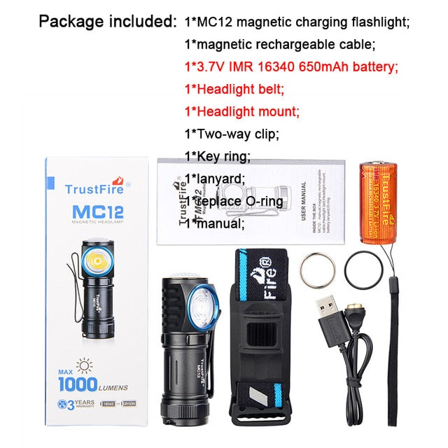 TrustFire MC12 EDC Powerful LED Flashlight 1000Lumens Magnetic Rechargeable